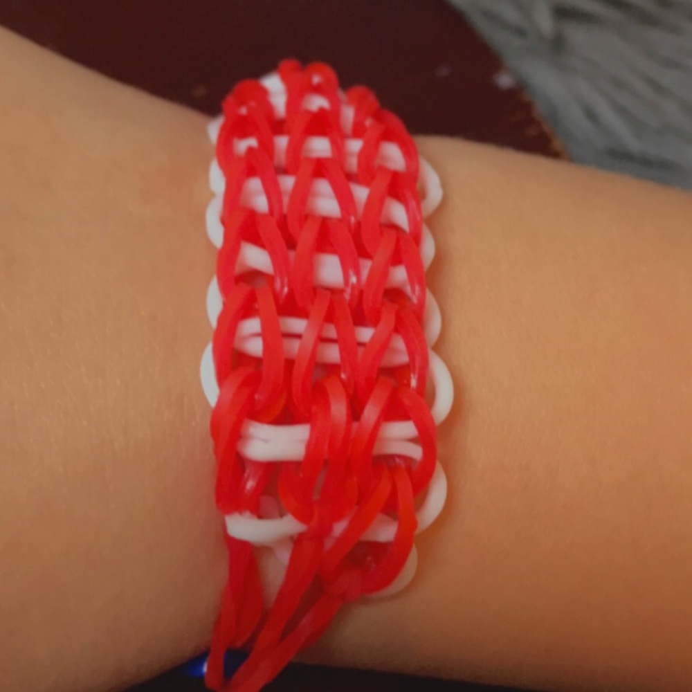 Red and white rainbow loom bracelet